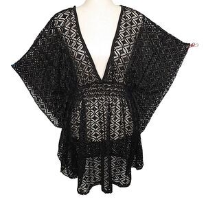 Miken Swim Black Crochet Batwing Sleeve Swim Cover Up Size XL